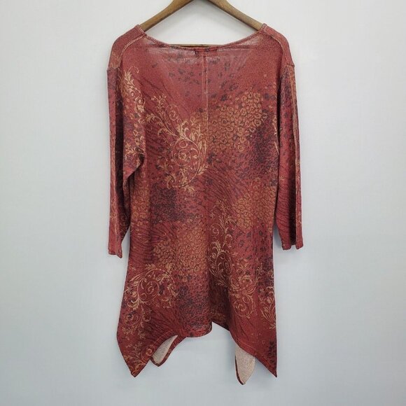 Indigo Soul Womens Paisley Tunic Top Size L Gold Rust V-Neck Asymmetric Hem - Picture 4 of 16